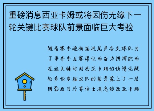 重磅消息西亚卡姆或将因伤无缘下一轮关键比赛球队前景面临巨大考验