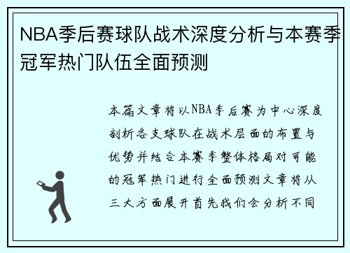 NBA季后赛球队战术深度分析与本赛季冠军热门队伍全面预测